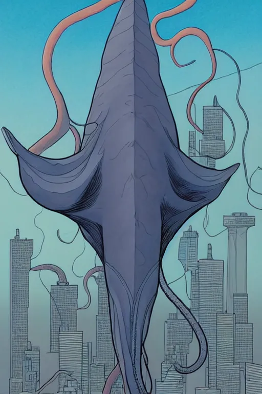 Prompt: comic cover art of a very very gigantic squid floating above a metropolitan city, low angle, by jenny frison and sana takeda, intricate details, stunning inking lines, flat colors, 4 k, hd, artstation