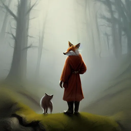 Prompt: an anthropomorphic fox in a robe overlooking a village in the moor, dramatic lighting, overcast weather, highlands, anthro fox in a robe, realistic furry, sharp focus, 8 k, artstation, artstation hq, greg rutkowski, gregory manchess