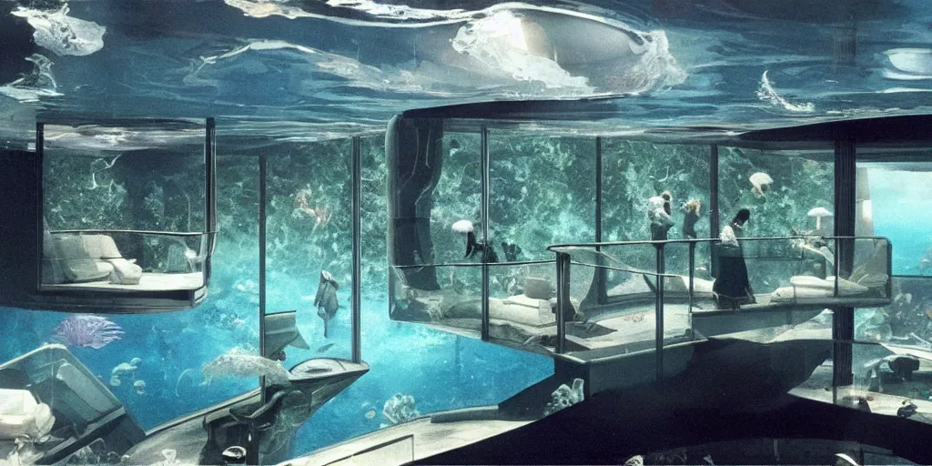 Prompt: an underwater luxury apartment with large windows, 1 9 8 0 s science fiction, windows overlooking a lush ocean jellyfish coralle landscape, sci - fi film still, screenshot from a science fiction movie, ridley scott,