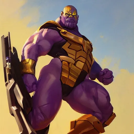 Image similar to greg manchess portrait painting of thanos as overwatch character, medium shot, asymmetrical, profile picture, organic painting, sunny day, matte painting, bold shapes, hard edges, street art, trending on artstation, by huang guangjian and gil elvgren and sachin teng