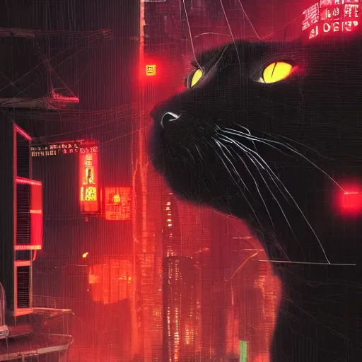 Prompt: a detailed matte painting of a black cat with red led eyes, the cat is in a intricately detailed neo cyberpunk Japanese city, the black cat is made out of mechanical robotic parts with wires, by Ismail Inceoglu , concept art, featured on cgsociety