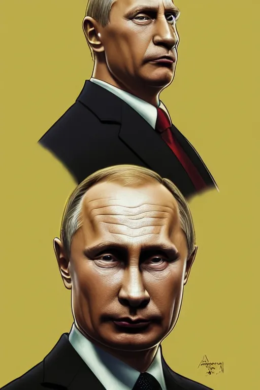 Image similar to vladimir putin as a yellow funny stupid homer simpson, realistic portrait, symmetrical, highly detailed, digital painting, artstation, concept art, smooth, sharp focus, illustration, cinematic lighting, art by artgerm and greg rutkowski and alphonse mucha