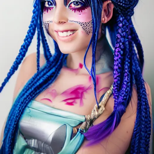 Prompt: stunning smiling anime girl with two blue braids, and amazing makeup, jinx from arcane