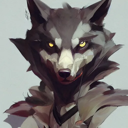 Image similar to concept art of anthropomorphized wolf, highly detailed painting by dustin nguyen, akihiko yoshida, greg tocchini, 4 k, trending on artstation, 8 k