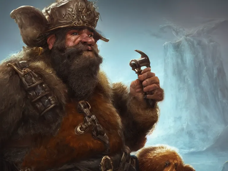 Prompt: High Fantasy Dwarf Ranger sits on Brown Bear, RPG Portrait, Oil Painting, Trending on Artstation, octane render, Insanely Detailed, 8k, HD