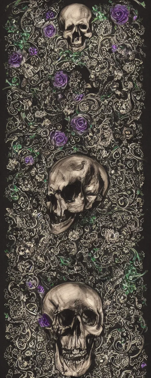 Prompt: photographic The Catacombs of Paris, black paper, bringer of glowing light and life and death, skull, mystical, intricate ornamental floral flourishes, amethyst, steel, emerald, diamond , glass, octane, 8k insane detail