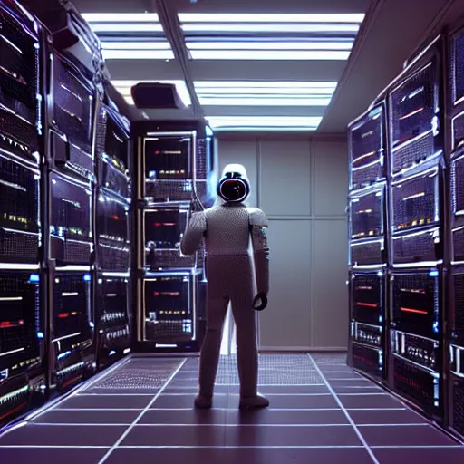 Prompt: hyperrealism detailed photography scene from stanley kubrick movie of highly detailed stylish system administrator from 2 0 7 7's as cyberpunk droid in josan gonzalez, gragory crewdson and katsuhiro otomo, mike winkelmann style with many details working at the detailed data center by laurie greasley hyperrealism photo on dsmc 3 system volumetric epic light rendered in blender