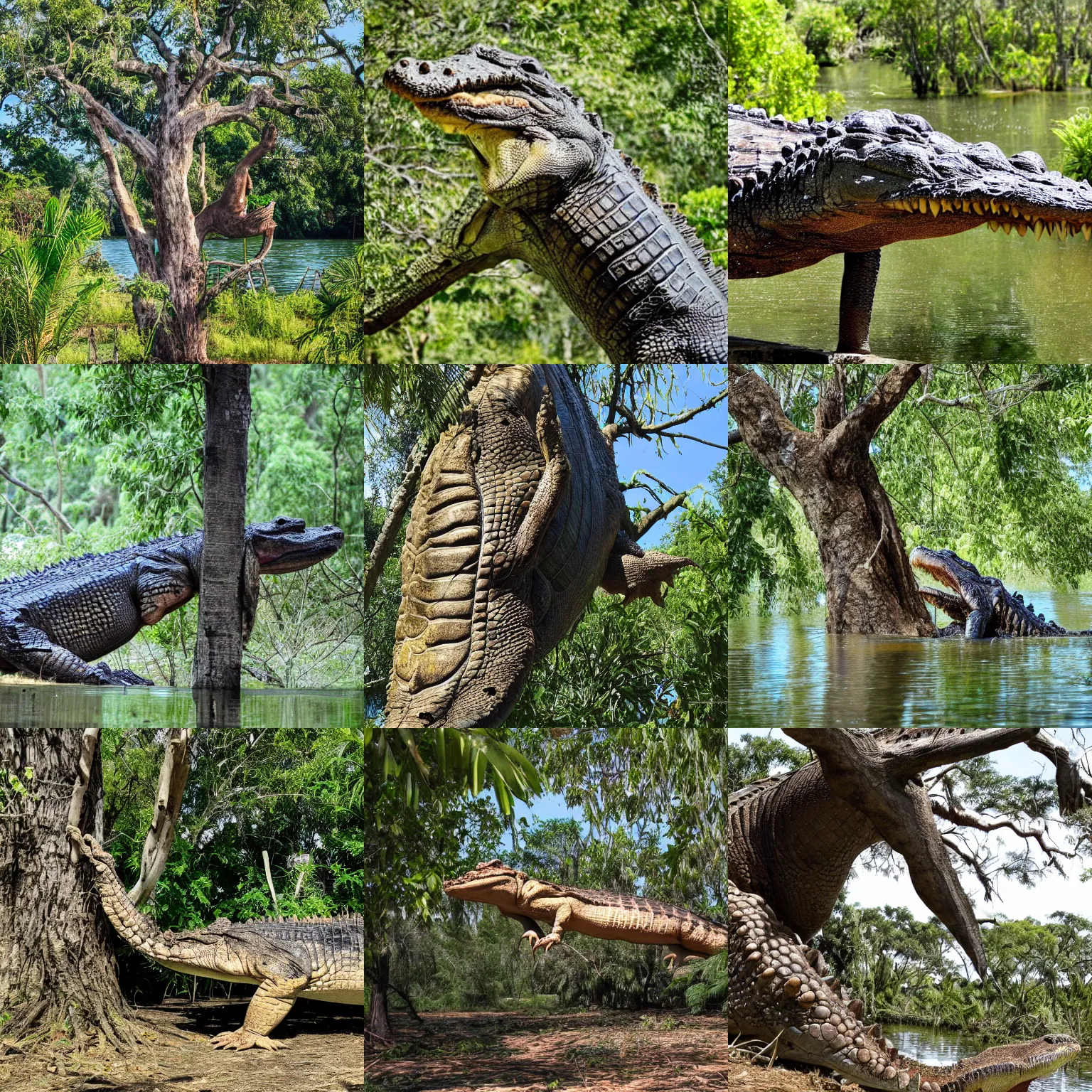 Prompt: Photo of large crocodile on a tree