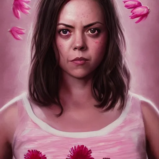 Image similar to pink petals with a a wonderful aubrey plaza and christina ricci serving chicken wings in hooters shirt, intricate, elegant, highly detailed, wonderful eyes, sweet, digital painting, artstation, concept art, smooth, sharp focus, illustration, art by artgerm and greg rutkowski and concept art