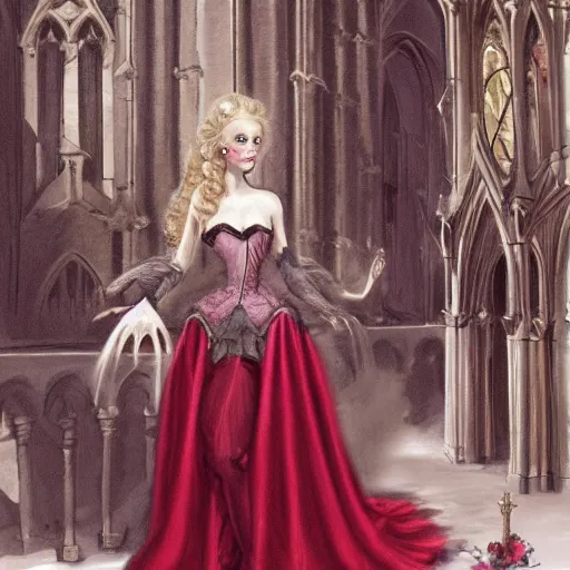 Prompt: a beautiful female French Aristocrat vampire in the the middle of a gothic church. Powdered wig and a large, red silk dress. Concept art, highly detailed.