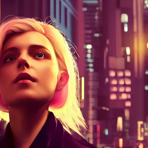 Prompt: a beautiful detective woman with blonde hair, a cyberpunk city, volumetric light, by weta fx, by wlop, neon, futuristic, octane renderer,