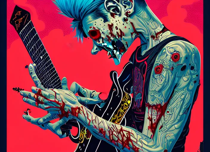 Image similar to a zombie punk rocker with a mohawk playing electric guitar, tristan eaton, victo ngai, artgerm, rhads, ross draws, rule of thirds by francis tneh