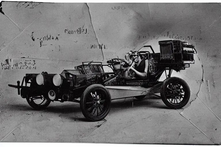 Image similar to cyberpunk 1 9 0 3 stanley steamer racecar by paul lehr, metropolis, view over city, vintage film photo, damaged photo, scratched photo, scanned in, old photobook, silent movie, black and white photo