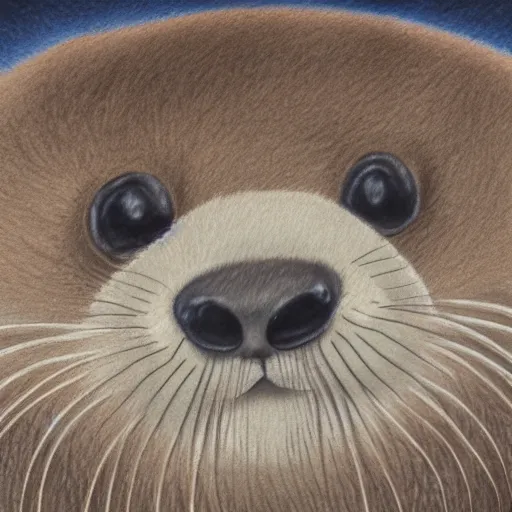 Image similar to portrait of a cute fluffy baby sea otter with abstract ocean wave background, detailed color pencil drawing 4 k