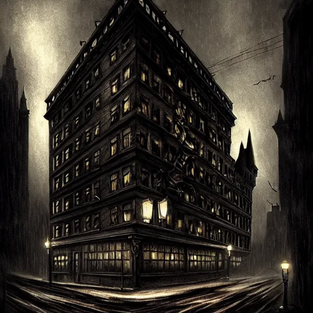 Prompt: haunted gothic hotel, 1920s boston overlooking a dark street, lovecraft, paul carrick, photorealistic, dark, atmospheric lighting, painted, intricate, ultra detailed by Leesha Hannigan, Thierry Doizon, Kai Carpenter, well composed, best on artstation, cgsociety, epic, stunning, gorgeous, intricate detail, wow, masterpiece