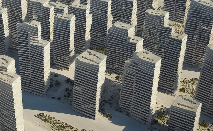 Image similar to parametric structure, residential complex with 2 towers, in the desert beside the gulf, view from above, design by peter zumthor, dezeen, architectural photography