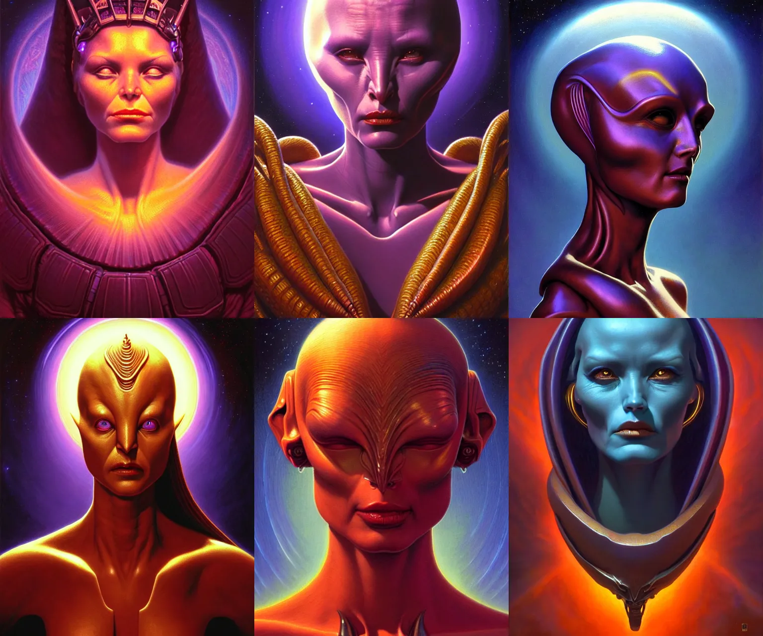Prompt: cinematic bust portrait of benevolent female extraterrestrial queen, head and chest only, exotic alien features, Tim Hildebrandt, Wayne Barlowe, Bruce Pennington, donato giancola, anne stokes, oil on canvas, masterpiece, trending on artstation, featured on pixiv, cinematic composition, dramatic pose, beautiful lighting, sharp, details, hyper-detailed, HD, HDR, 4K, 8K