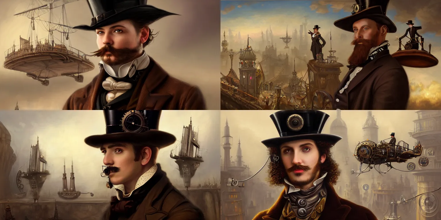 Prompt: portrait of a steampunk noble gentleman posing in hat in the center, matte painting of steam machines airships on background, by Antonio Caparo and tyler edlin and lindsey look, victorian, concept art, steam romance, steam-punk illustration, detailed, 4k resolution, trending on artstation