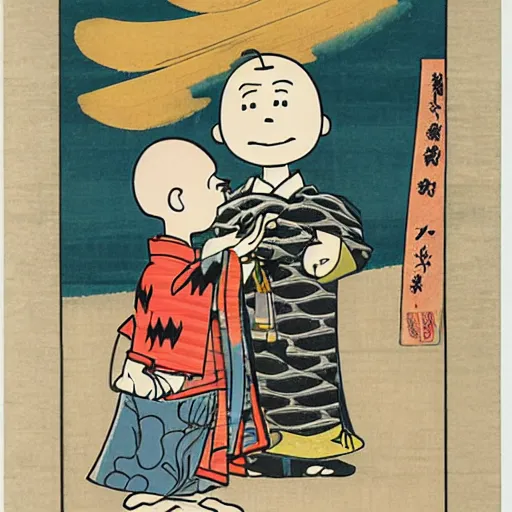 Prompt: charlie brown, ukiyo - e