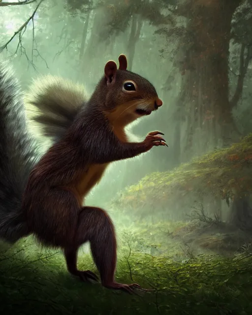 Image similar to oil painting of Anthropomorphized Squirrel attacking a monster, wearing leaf cloak,, sharp focus, fantasy style, octane render, volumetric lighting, 8k high definition, by greg rutkowski, highly detailed, trending on art Station, magic the gathering artwork, magical forest backround, centered