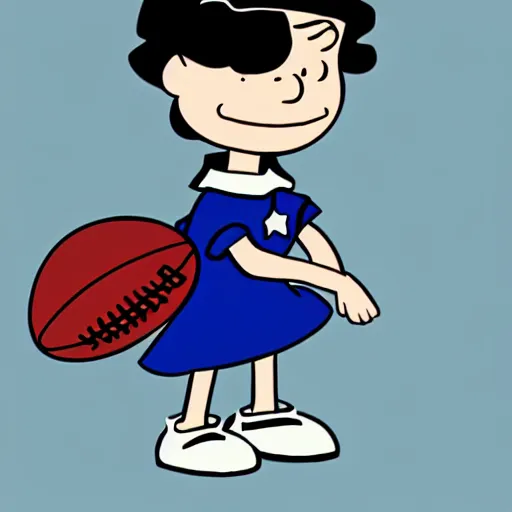 Prompt: Lucy van Pelt from Peanuts holding down an American football, digital art, artstation