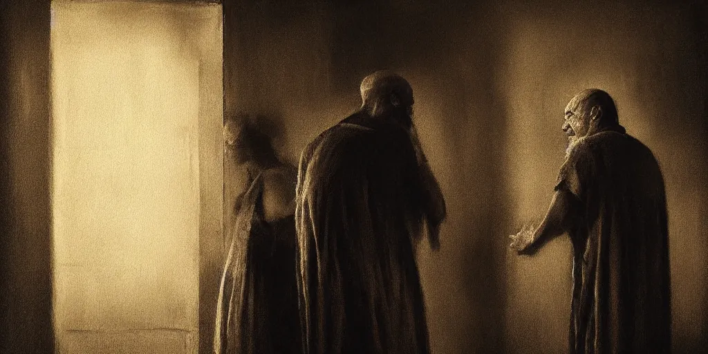 Prompt: a poor man and a death angel talking in front of a door oil painting, dark, cinematic lighting