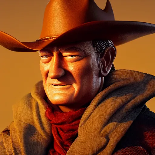 Image similar to John Wayne as a cowboy, figurine, blender, octane render, studio lighting, 8K, hyperdetalied, trending on ArtStation, high quality,