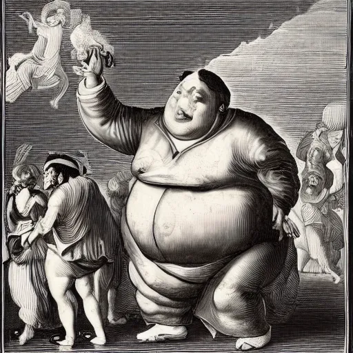 Prompt: fat politician with big stomch is draining souls of innocent peoples in baroque style