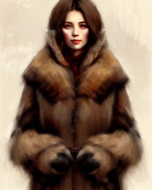 Prompt: a beautiful siberian girl with bear fur coat and neckline | | winter, realistic shaded, unpleasant face, bad looking, fine details, realistic shaded lighting poster by greg rutkowski, magali villeneuve, artgerm, jeremy lipkin and michael garmash and rob rey