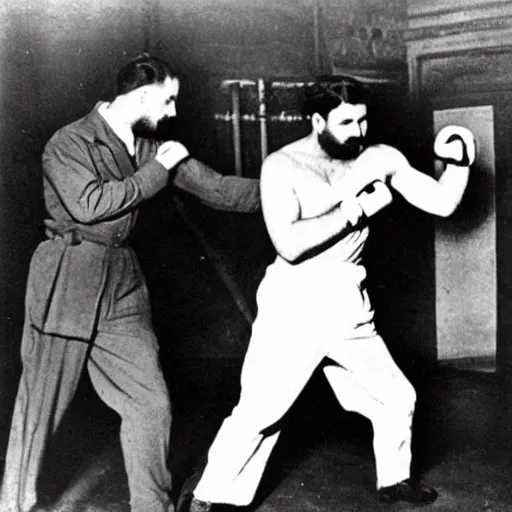 Prompt: Karl Marx boxing Ayn Rand, photo, 1920,