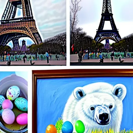 Image similar to A polar bear painting easter eggs in front of the Eiffel Tower