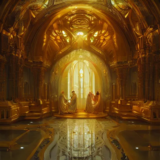 Image similar to a background matte painting for a scifi religious room with chambers of bubbling liquid gold intricate digital painting artstation concept art smooth sharp focus illustration, art by artgerm and greg rutkowski and alphonse mucha