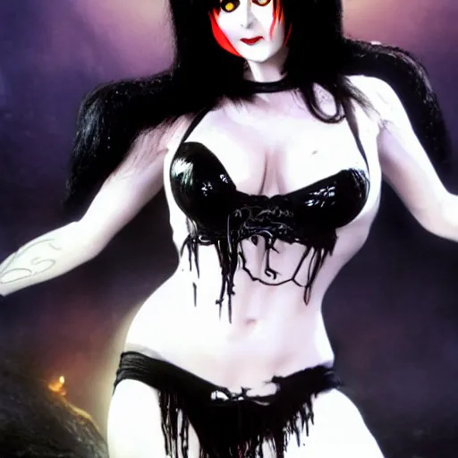 Image similar to Elvira, Mistress of the Dark, realistic render, photo pic by horrors