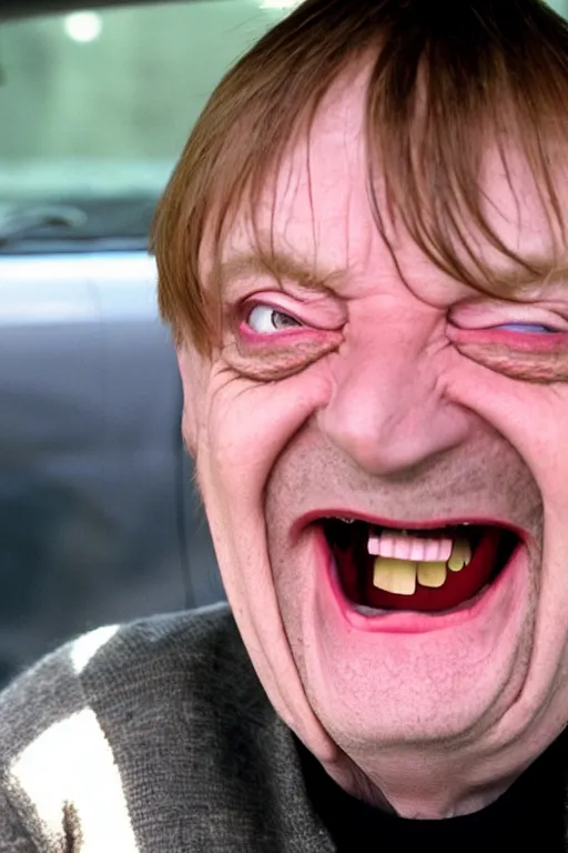 Image similar to Mark E Smith laughing at a Toyota Yaris car