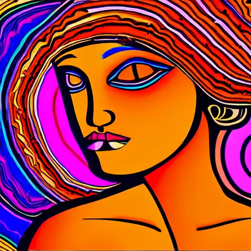 Image similar to tan latina woman, landscape, entering fourth dimension, third eye, prominent rosy cheek bones, black hair and brown eyes, psychedelic da vinci art style,