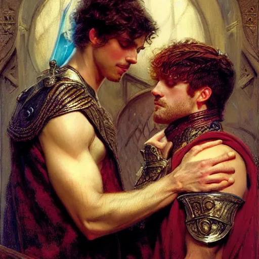 Image similar to stunning arthur pendragon in love with stunning male merlin the mage. they are close to each other. highly detailed painting by gaston bussiere, craig mullins, j. c. leyendecker