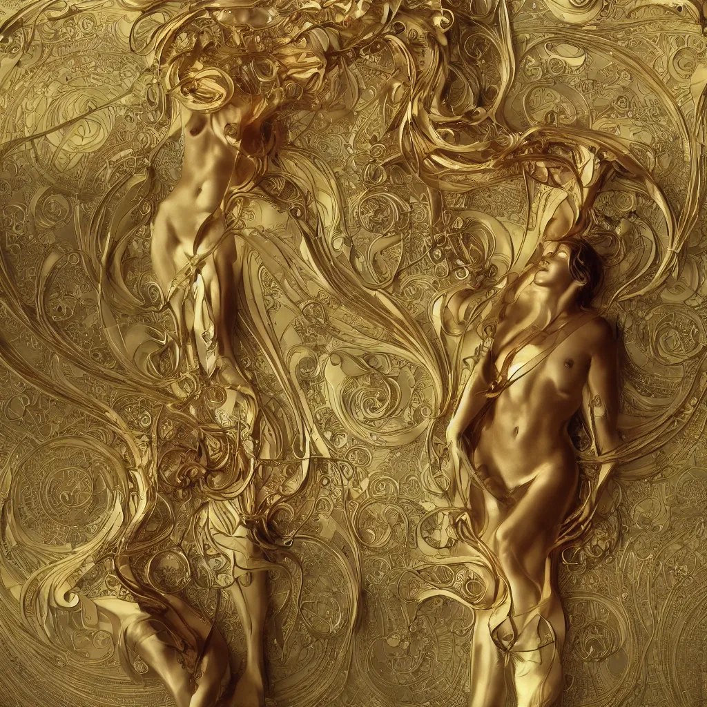 Image similar to human body made of thin golden Art Nouveau, Alphonse Mucha, cinematic realistic photo, octane render