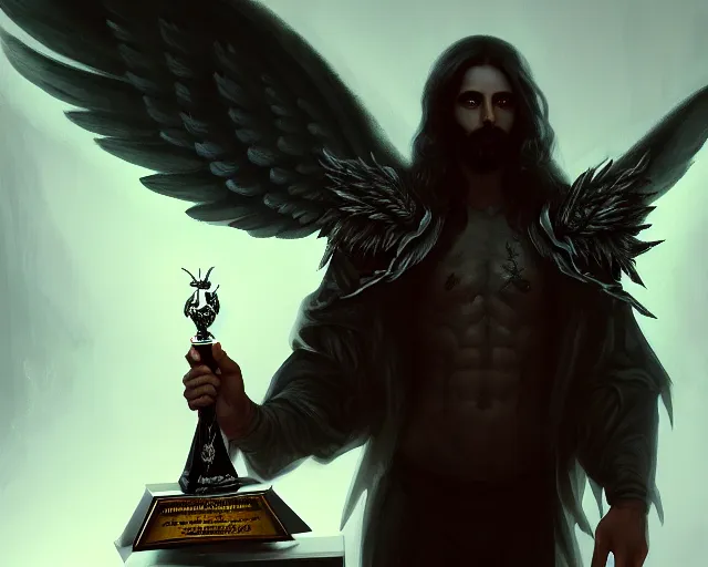 Image similar to dark art blizzard, portrait of fallen man angel with wings with award in his hand, bokeh. dark art masterpiece artstation. 8k, sharp high quality illustration in style of Jose Daniel Cabrera Pena and Leonid Kozienko, concept art by Tooth Wu