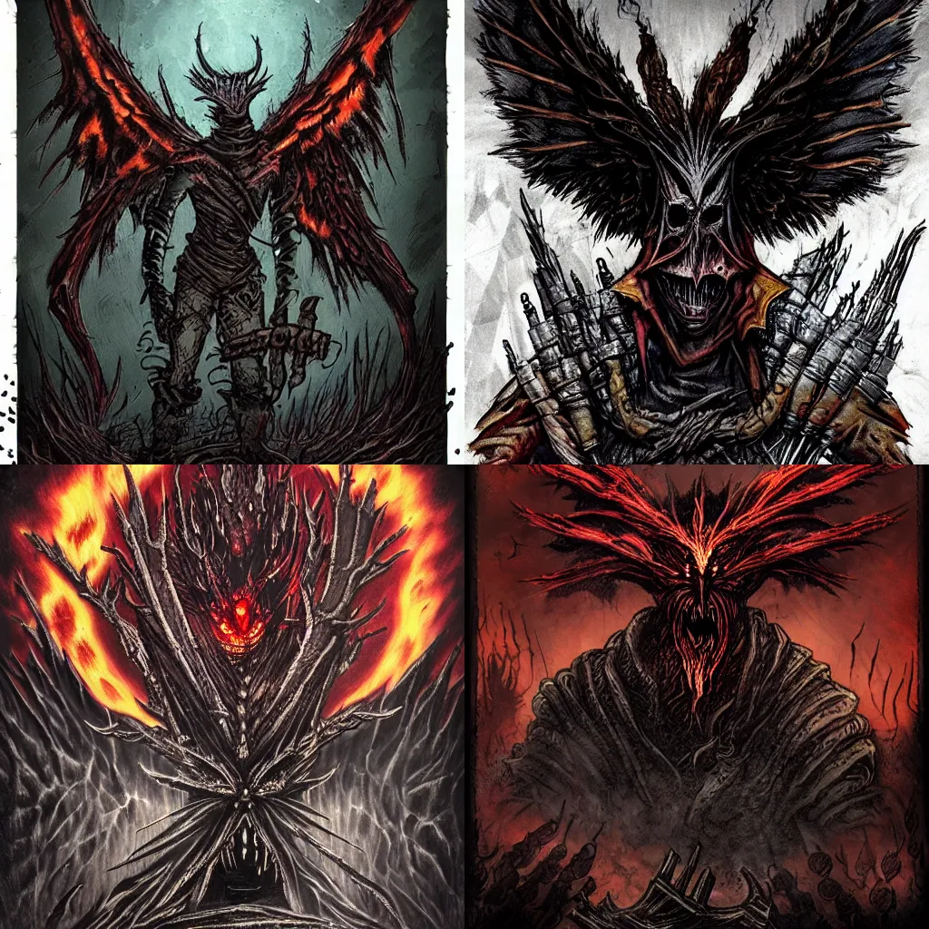 Prompt: darkest dungeon aberration in the style of bloodborne, a firebird, a phoenix and a thunderbird merged inequally in the same body, by h. r. giger, dark fantasy art, featured on artstation, daily deviation, detailed, sharp focus