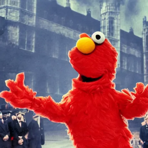 Image similar to Elmo speaking in british parliament while everything is burning around him