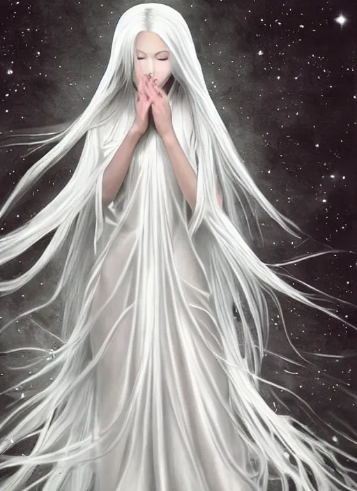 Image similar to tall thin beautiful goddess, pale wan feminine angel, long flowing silver hair covering her whole body, beautiful painting, young wan angel, flowing silver hair, flowing white robes, flowing hair covering front of body, white robe, white dress of silver hair, aesthetic, mystery