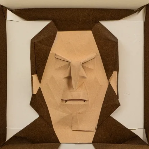 Prompt: an origami portrait of a caucasian man with wavey short hair, friedly smile, raised eyebrows