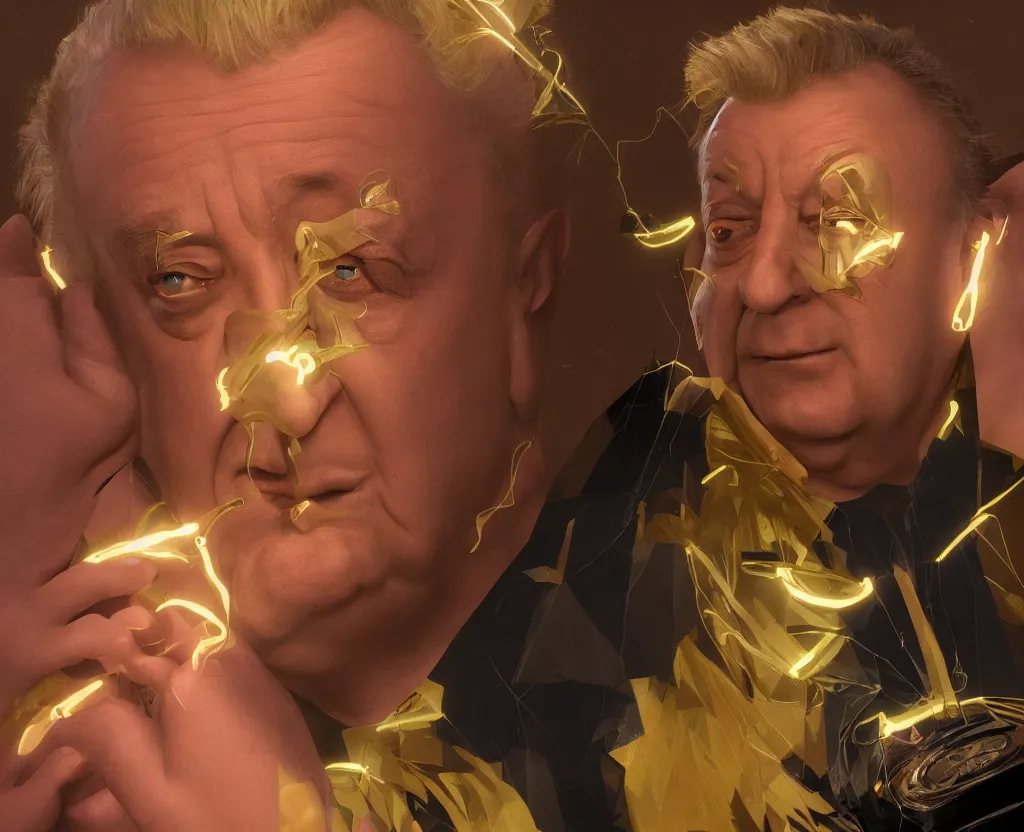 Image similar to dramatic portrait of Rodney Dangerfield, bloomed lighting, angelic, futuristic, beautiful colors, slightly golden, very sharp likeness, very detailed, chopping hands, electrical details, cinematic lighting high details, 4k, 8k, trending on artstation, ultra-realism