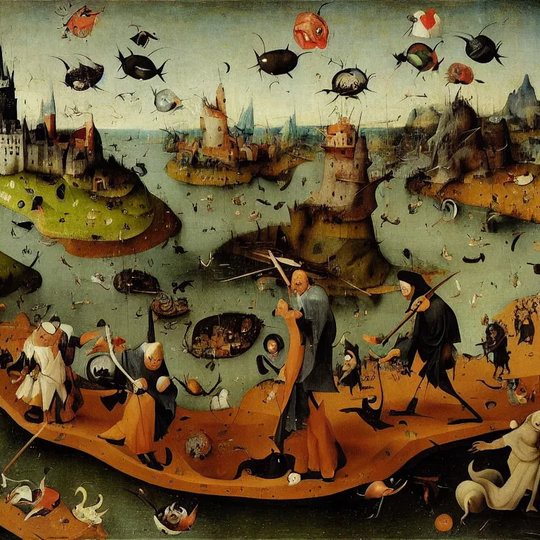 Image similar to The portrait of three sarcastic mans with a lot of fish running away from Grim Reaper who laughs and follow them, by Hieronymus Bosch and Pieter Bruegel inspired by Terry Pratchett, super detailed oil painting, hyper realistic, 4k, masterpiece