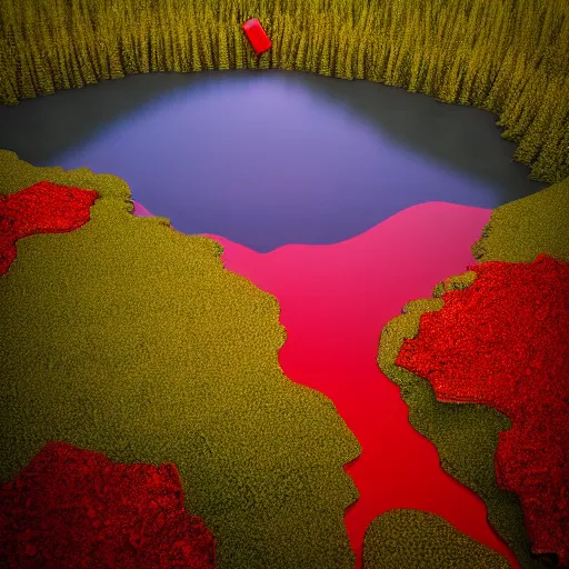 Image similar to A shiny bleeding red prism floating over a lake by Jeff Easley, rendered in octane.