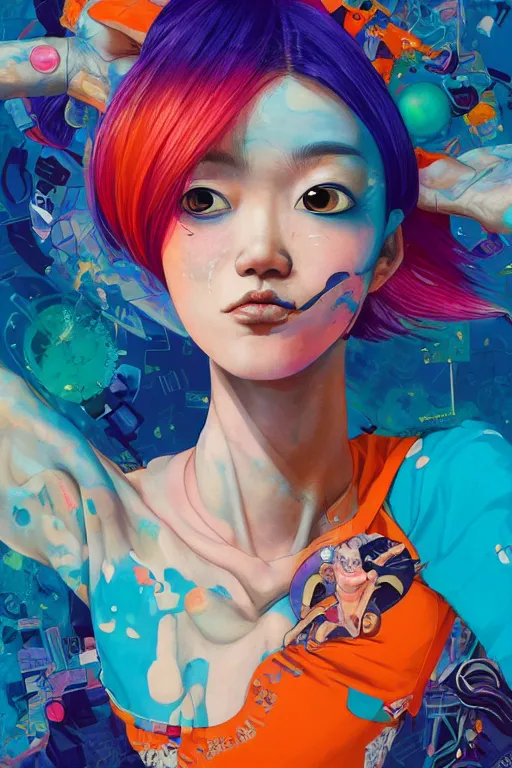 Image similar to a award winning half body portrait of a beautiful woman in a croptop and cargo pants with ombre orange blue teal hairstyle with head in motion and hair flying by yoshii chie and hikari shimoda and martine johanna and will eisner, outrun, vaporware, digital art, trending on artstation, highly detailed, fine detail, intricate