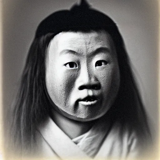 Image similar to a potrait of samura taken in 1 6 3 0, in a circle, kodak 4 0 0, nft style, facing sideways, wearing an oni mask, grain, scretch, high quality, 8 k, photorealistic, real, old photo style