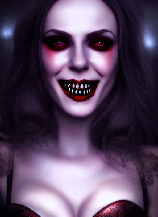 Image similar to realistic matte painting, full length portrait, the vampire duchess of blood owns las vegas at night, fangs, pale, highly detailed, CGsociety, concept art, HDR, hyper realistic, volumetric lighting, subsurface scattering, unreal,