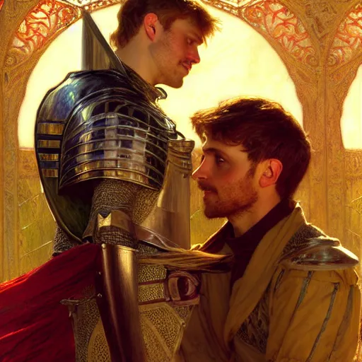 Image similar to attractive arthur pendragon and his attractive male knight, they are in love, natural lighting, path traced, highly detailed, high quality, digital painting, by gaston bussiere, craig mullins, alphonse mucha j. c. leyendecker