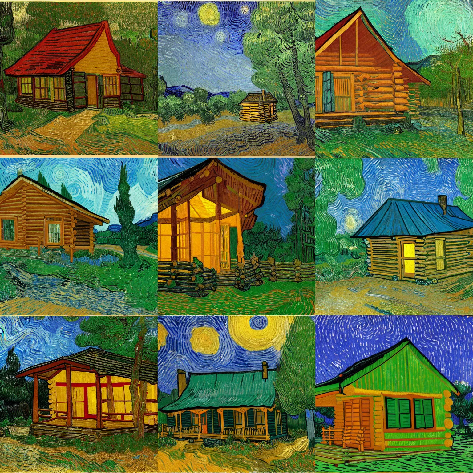 Prompt: [ a log cabin in the forest ] [ van gogh ] [ 3 8 4 0 x 2 1 6 0 ]